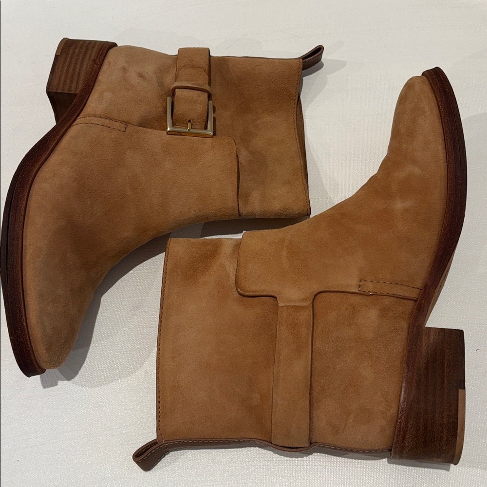 Tory Burch Gold Buckle Suede Booties in Camel